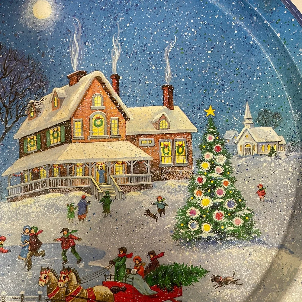 VTG Potpourri Press Tin Tray Christmas Tree Winter House Sleigh WIM Schimmer 88'
